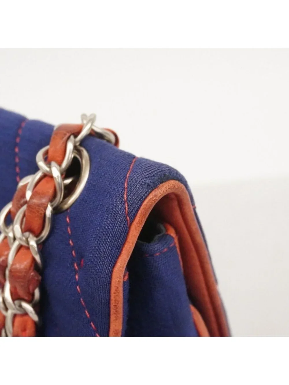 Chanel Shoulder Bag Stitch Canvas Navy Red Silver